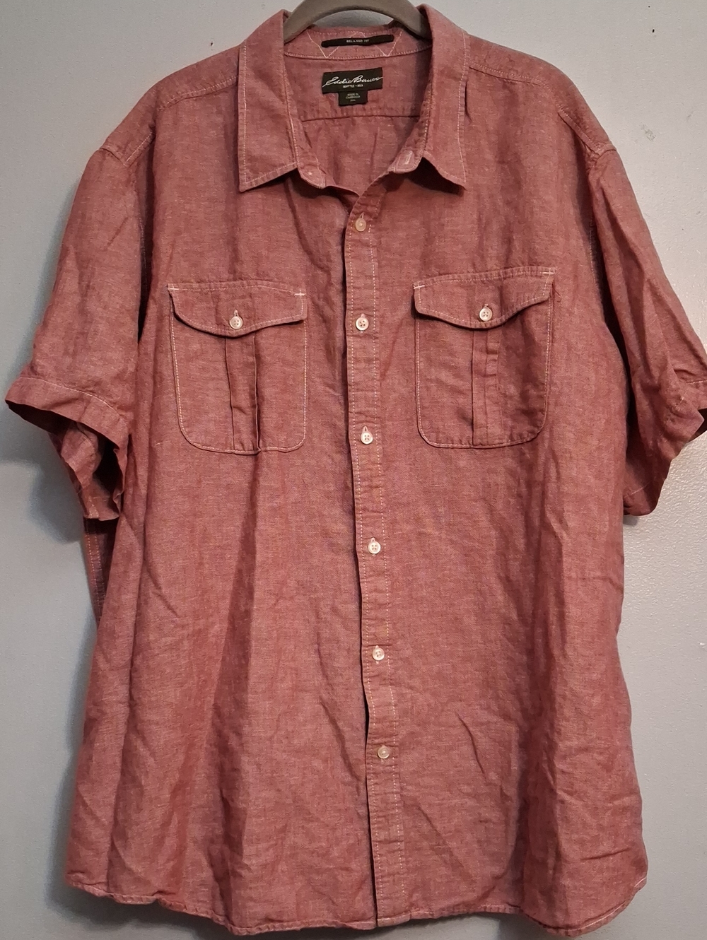 Eddie Bauer Size XXL men's Linen/cotton Short-Sleeve Button-Down Shirt Dark Pink